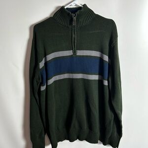 Eddie Bauer Men's Dark Green Zip-Up Sweater‎ with Blue and Gray Stripes